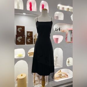 Vintage Adjustable Spaghetti Strap Little Black Dress w/ Embroidery & Fringe